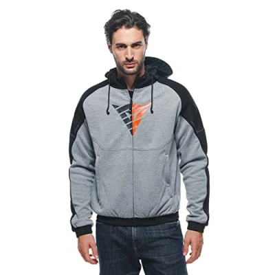 Imagen de Dainese Daemon X Safety Hoodie Full Zip, Sudadera de Moto Tela, Protectores Hombro y Codo, Chaqueta para Hombre, Gris Mélange/Negro/Rojo Fluo, 62