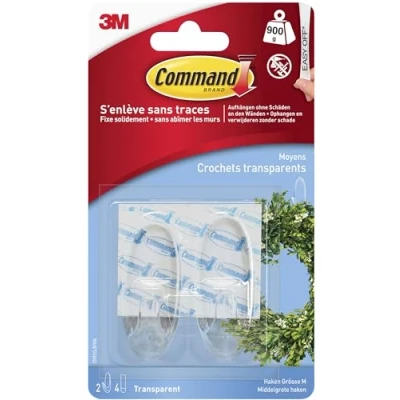 Imagen de Command 17091CLR Ganchos (900 gr de carga, talla M, 4 adhesivos para pared), color transparente