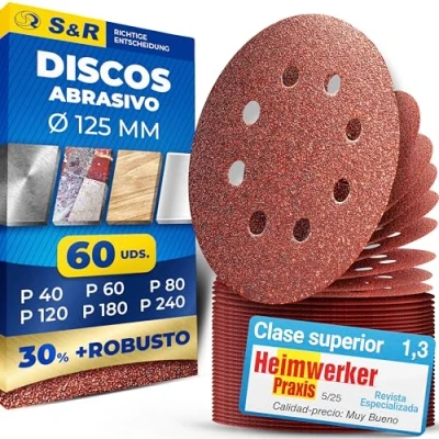 Imagen de S&amp;R 60 Discos Hoja Papel de Lija PREMIUM para Amoladora/Hojas 125 mm Grano cada 10 x 40/60/80/120/180/240 (60 pzs) 8 agujeros Lijadora orbital