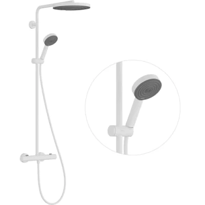Imagen de hansgrohe Pulsify S Puro sistema de ducha con termostato, lluvia (260 mm) grifo, mano (3 tipos chorro), flexo, barra, fija redonda, blanco mate, 24236700