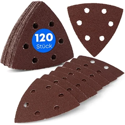 Imagen de 120 piezas / triángulos de lijado delta 6 agujeros 93 x mm 20 grano 40 60 80 180 240 para lijadora hojas almohadillas triangulares papel lija