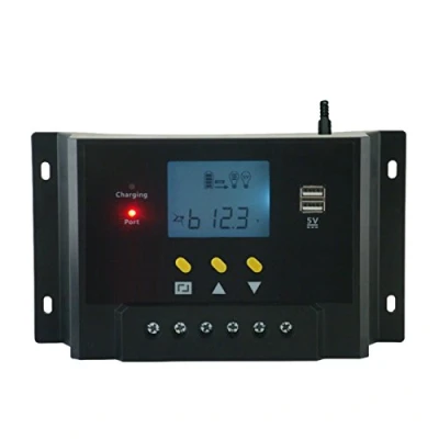 Imagen de NUZAMAS Regulador de panel solar 12 V/24 V, controlador carga, 60 A, pantalla LCD PWM, puertos USB dobles