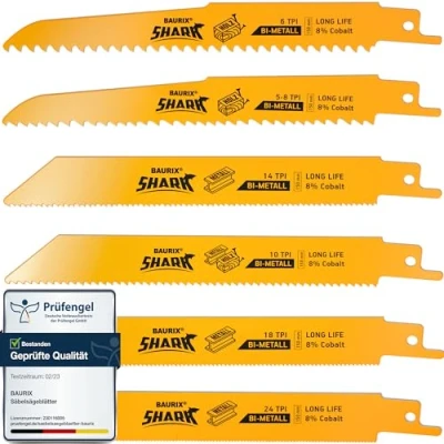 Imagen de BAURIX® Sierra Sable de calar SHARK® [6 piezas] 150 mm 5/8 a 24 TPI Hojas para cortes rápidos y limpios clavos, metal, plástico madera Hoja metal
