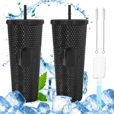 Imagen de BORDEAG Vaso con tapa y pajita de 750 ml, 2 vasos térmicos pajita, tazón taza agua gran capacidad cepillo olla, color negro