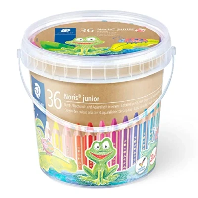 Imagen de STAEDTLER Noris Junior 140 C18 lápiz de color extra grueso 3 en 1: color, cera y acuarelable. Cubilete con 36 lápices colores surtidos (2 x color) + afilalápices