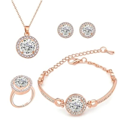 Imagen de TOFBS Conjuntos de Joyas para Mujer y Niñas, Zirconia Cúbica Collar con Colgante Pendientes Pulsera Anillo Juego (Oro Rosa)