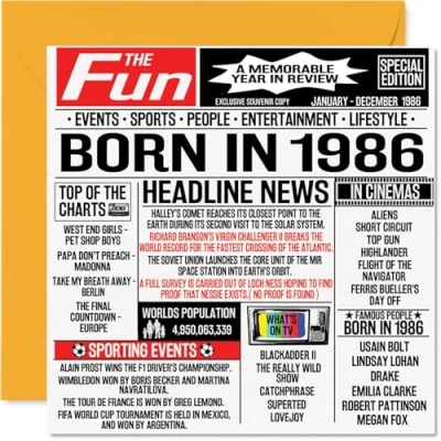 Imagen de tarjetas de cumpleaños número 38 para hombres y mujeres Born In 1986 Newspaper Tarjeta feliz hermano, hermana, amigos, vintage, retro, en 1986, 145 mm x mm,