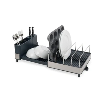 Imagen de Joseph Extend Max Steel Escurreplatos Extensible sobre Fregadero, Gran Capacidad, con Soporte para Utensilios y Cuchillas, Caño De Drenaje, Acero Inoxidable