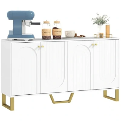 Imagen de HOMCOM Aparador 4 Puertas para Salón Moderno con Estantes Ajustables y Patas Doradas Comedor Entrada Mueble TV hasta 65 Pulgadas Blanco 140,8x35x77,5 cm