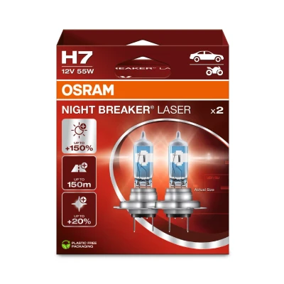 Imagen de OSRAM NIGHT BREAKER LASER H7, +150% más brillo, lámpara de faro halógena, 64210NL 2HB, 12V, caja plegable colgante (2 lámparas)