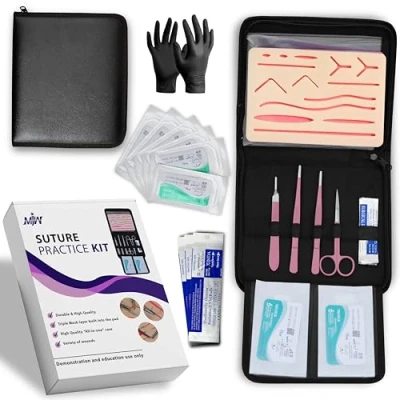 Imagen de Kit de práctica sutura para estudiantes medicina, veterinarios, enfermeras Almohadilla piel silicona con capa malla horizontal y vertical protectora