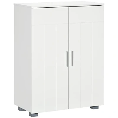 Imagen de kleankin Armario de Baño con 2 Puertas y Estantes Ajustables 7 Niveles Mueble Auxiliar Almacenaje para Salón Cocina Antivuelco 60x30x80 cm Blanco