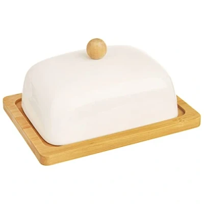 Imagen de ORION GROUP Mantequera de porcelana con tapa, 16 x 13 8,5 cm, blanca y madera bambú, recipiente mantequilla ecológico, decoración perfecta para mesa cocina