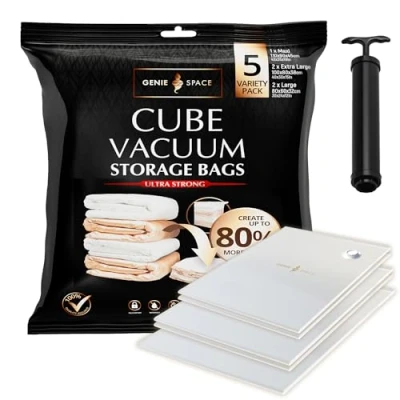 Imagen de GENIE space Incredibly Strong Premium Cube Saving Vacuum Bags Airtight &amp; Reusable Create 80% more For Clothes, Towels, Bedding, Duvets and more. (Variadas 5)