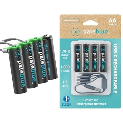 Imagen de Baterías AA recargables USB de Pale Blue, iones litio 1.5 V 1700 mAh, carga horas, más 1000 ciclos, cable a C 4 en 1, indicador LED, paquete