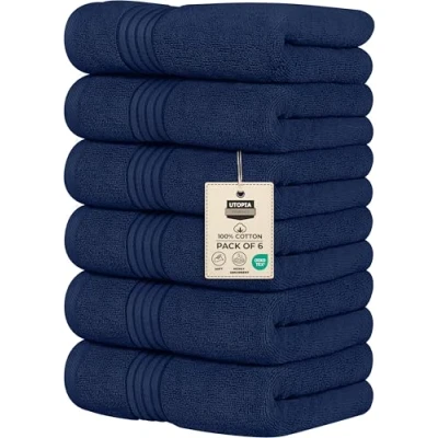 Imagen de Utopia Towels Juego de 6 Toallas Mano Lujo, (41 x 71 CM) 100% Algodón Hilado en Anillos, Ligeras y Altamente Absorbentes para Baño, Viaje, Camping, Hotel SPA (Azul Marino)