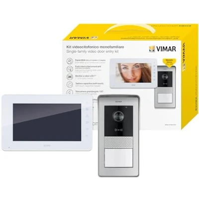 Imagen de Vimar K42910, Kit de videoportero, superficie con teclado capacitivo, placa audio/vídeo RFID, 1 pulsador, alimentador clavijas intercambiables estándar EU, BS, US, AU