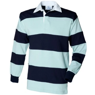Imagen de Front Row Polo de manga larga a rayas con el cuello en blanco para hombre/Caballero Modelo Sewn Stripe (Extra Grande (XL)/Azul claro/Marino)