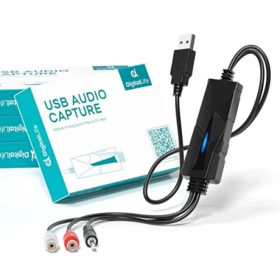 Imagen de DigitalLife USB 2.0 Audio Grabber con Entrada Estéreo R/L y 3,5 mm, Pack de 4 Digitalizador para Vinilos Cintas, Compatible Windows 10,11, macOS 15.1.1, Linux