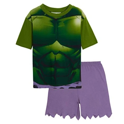 Imagen de Marvel Conjunto de pijama corto Hulk para niños, diseño Los Vengadores, Verde/morado, 7 8 Years