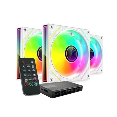 Imagen de MARS GAMING MF 3DPROKIT, Kit 3x Ventiladores PWM 120mm, Iluminación ARGB Infinity Mirror 3D, Sistema Control PWM, Rodamientos FDB, Mando a Distancia y HUB, Compatibilidad Total ARGB, Blanco