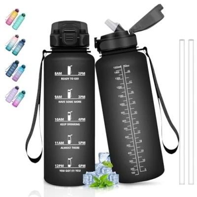 Imagen de Botella Agua, 1 5 litros, Agua Gimnasio, A Prueba de Fugas, con Pajita, Reutilizable, Fácil Limpiar, Cantimplora para la Yoga, Correr, Ciclismo, Senderismo, Negro