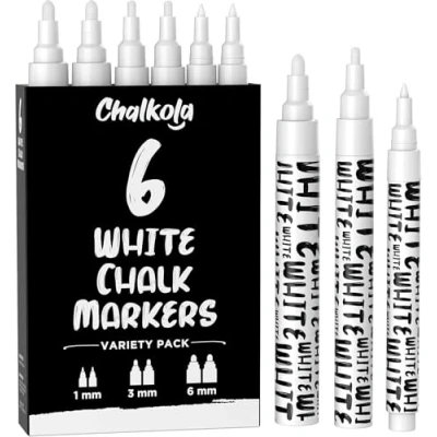 Imagen de Chalkola Rotuladores de tiza blanca para pizarra, ventana, bistró, vidrio coche, tablero, letreros, paquete variado 6 (2 unidades) 1 mm, 3 mm y