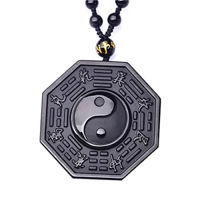 Imagen de Kagodri Collar con colgante de obsidiana negra Yin Yang para hombre y mujer, amuleto retro Feng Shui
