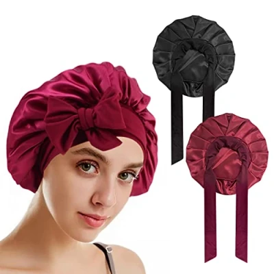 Imagen de PFLYPF 2 Gorros de Noche Ajustables para el Cuidado del Cabello Mujer, Gorro Satinado Rizado, Diadema Reutilizable Proteger Cabello, prevención rizos