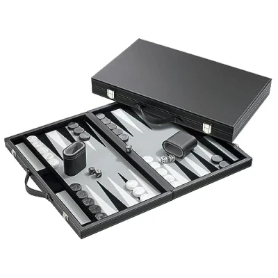 Imagen de Philos 18.5 Inch Backgammon Set in Black Case with Grey Felt Surface, Accessories Included