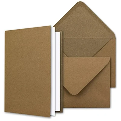 Imagen de NEUSER PAPIER Juego de tarjetas vintage papel kraft con sobres y hojas para insertar, 25 juegos recicladas, en blanco, marrón natural, DIN A6/C6