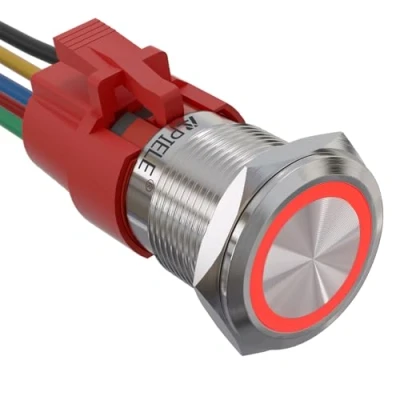Imagen de APIELE Interruptor de presión bloqueo 19 mm, 12 V CC, 5 A, acero inoxidable con anillo iluminación LED, impermeable, enchufe precableado(rojo)