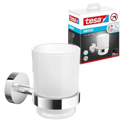 Imagen de tesa Soporte para Cepillo y Pasta de Dientes Smooz Vaso Satinado con Cromado la Pared Inoxidable Resistente al Agua Incluye Solución Adhesiva Montaje