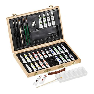 Imagen de Relaxdays Einsteiger Malkoffer mit Acrylfarben Maletín de Pintura 35 Piezas, Colores Acrílicos, Lápices, Mezclador, Pinceles, Sacapuntas, Madera, Natural, 5 x 37 27,5 cm