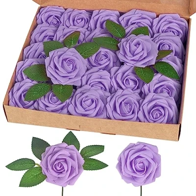 Imagen de homEdge Rosa artificial, 25 flores artificiales de espuma con tallo para decoración del hogar, ramos boda, fiesta, certerpieces, aniversarios, lila, 231AF250723