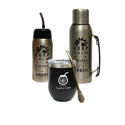 Imagen de Gaucho Cebar Yerba Juego de té mate y accesorios completos Termo 1 litro plateado Yerbomos 680 ml negro, acero inoxidable taza termolid 350 pajita bombilla 19