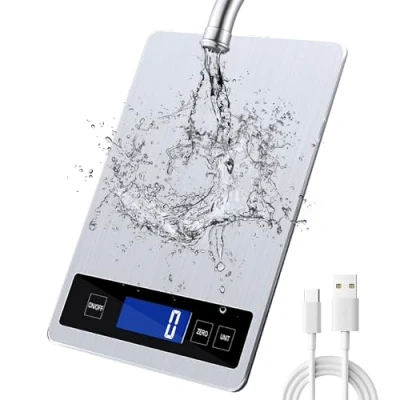 Imagen de báscula de cocina, 33 lb/15 kg, digital cocina con pantalla LCD + acero inoxidable vidrio templado, precisión hasta 1 g g/kg/lb:oz/ml/fl&#039;oz TYPE C o funciona pilas
