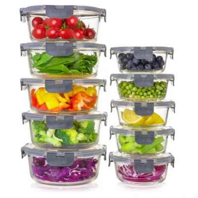 Imagen de Igluu Meal Prep Set de 10 contenedores vidrio con tapas a prueba fugas cierre hermético, Fiambreras reutilizables aptas para microondas sin BPA (10 y tapas) 950ml 400ml