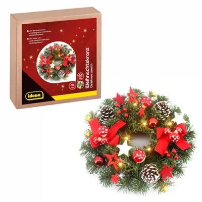 Imagen de Idena 30546 corona de Navidad LED con luces hadas y 10 en blanco cálido, aprox. 30 cm altura, función temporizador 6 horas, funciona pilas, como para puertas