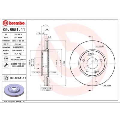Imagen de BREMBO 09.B551.11 Disco de freno 280 26 5 ventilación interna revestido con tornillos HYUNDAI: ix35, Tucson, Sonata V, KIA: CARENS 3, Optima / K5