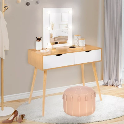 Imagen de IDMarket Tocador escandinavo 2 cajones Livia madera y blanco con espejo LED