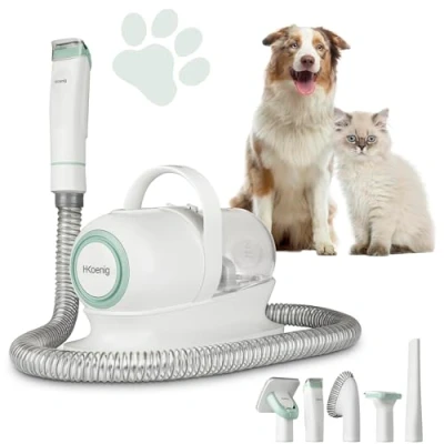Imagen de H.Koenig PAW400 Aspirador Cortapelos para Mascotas, Todo Tipo de Pelos Perros y Gatos, Aspirador, Pinzas Cepillos, 9 Accesorios, Depósito Extraíble 1L, 3 Velocidades Succión, Blanco