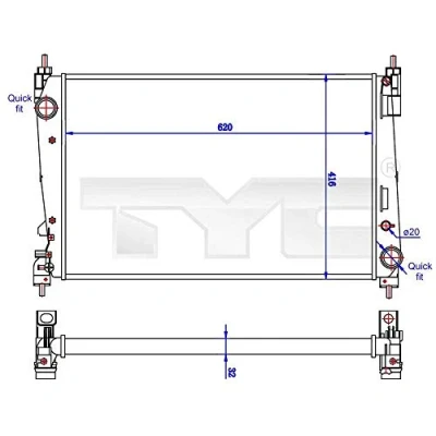 Imagen de TYC 725 0042 R Radiador, refrigeración del motor 620 418 32 Aletas unidas mecánicamente FIAT: Doblo II Furgón / Familiar