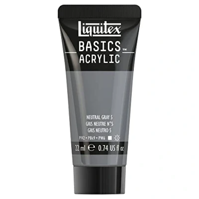 Imagen de Liquitex Basics Pintura Acrílica, Para Bellas Artes y Manualidades, Resistentes a la Luz, Viscosidad Media, Acabado Satinado, Tubo de 22 ml Gris Neutro 5