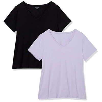 Imagen de Amazon Essentials Camiseta de Manga Corta con Cuello en V Talla Grande Mujer, Pack 2, Negro/Lavanda, 3XL