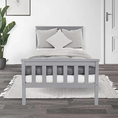 Imagen de ML Design Cama Infantil 90x200 cm con Somier Estructura Listones y Cabecero Pies Robustos de Madera Pino Macizo Color Gris Claro Nido Individual Mobiliario para Niños Adolescentes