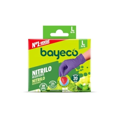 Imagen de Bayeco Guantes nitrilo de un solo uso Color Morado Ambidiestros Sin Polvo ni latex Dedos texturizados para mejor agarre Pack dispensador 20 unidades Talla L