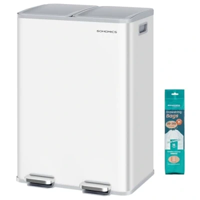 Imagen de SONGMICS Cubo de Basura Cocina, 2 x 30 L, Compartimentos, Papelera Pedal, con Tapa Cierre Suave y Interior, Acero, Incluye 15 Bolsas Basura, Blanco Mate LTB741W02