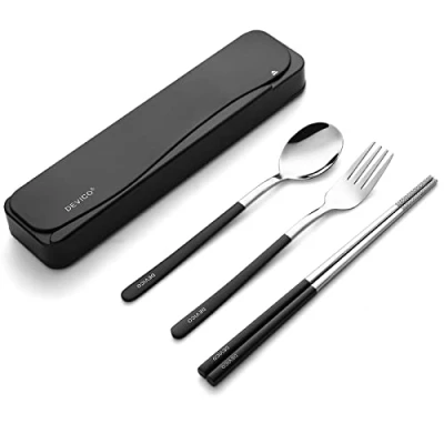 Imagen de DEVICO Utensilios de viaje, juego cubiertos acero inoxidable 18/8 4 piezas, portátiles reutilizables para campamento, incluye tenedor, cuchara y palillos con estuche (negro)
