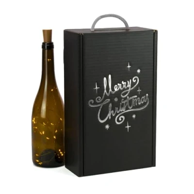 Imagen de Cajas para 2 Botellas de Vino Cava regalo Cartón Pack 4 unidades Elegante Estuche con Asa, Reciclado, Impresión Metalizada en Color Plata